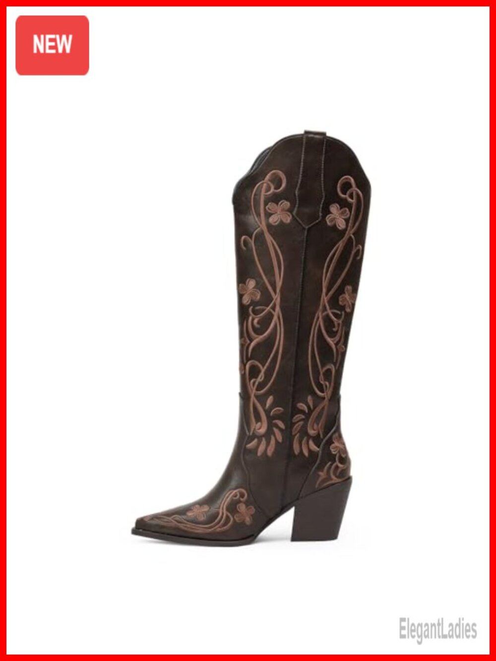 Knee High Cowgirl Boots Faux Leather Western Floral Embroidered